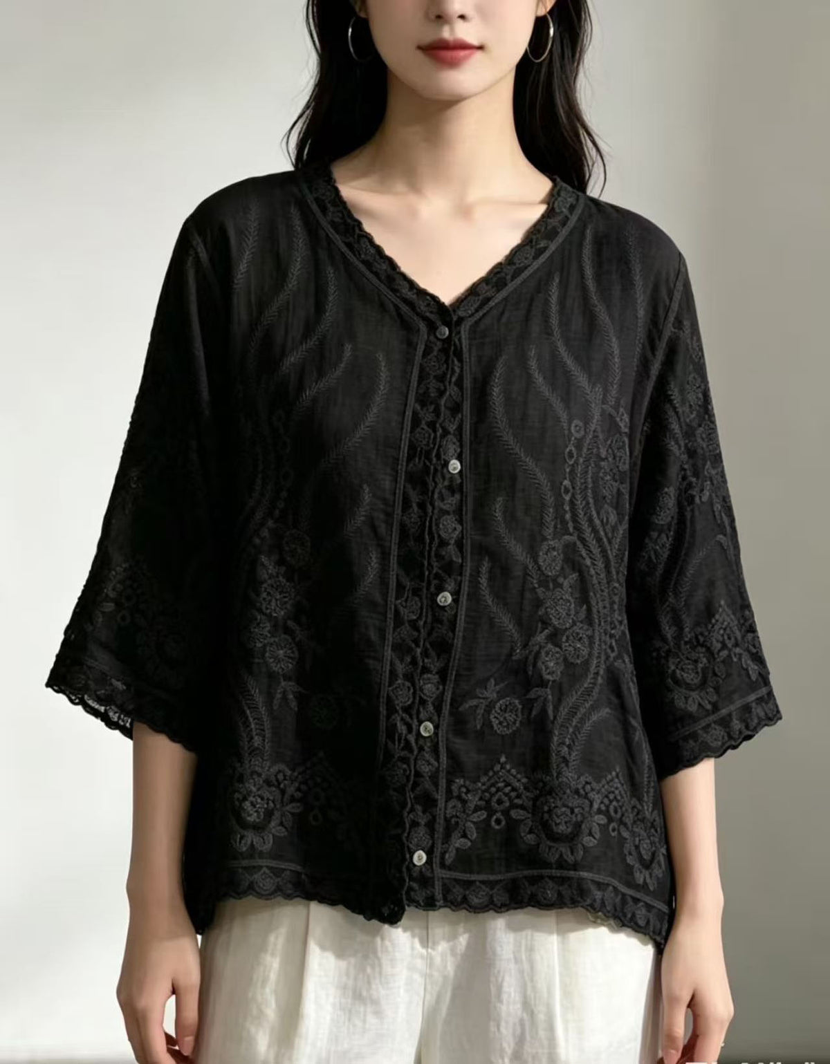 Elegant Black Embroidery Linen Summer Blouse