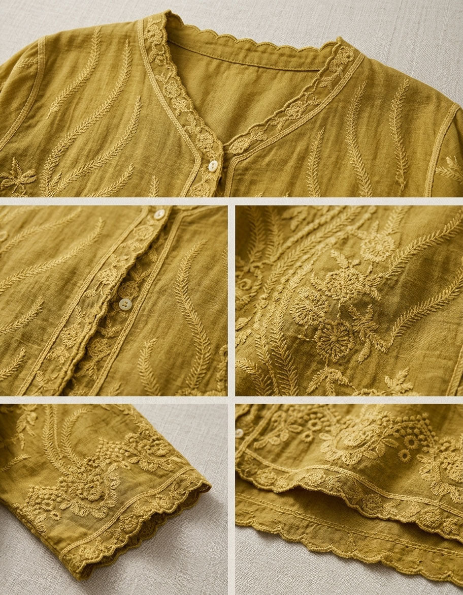 Floral Embroidered Mustard V Neck Women Blouse
