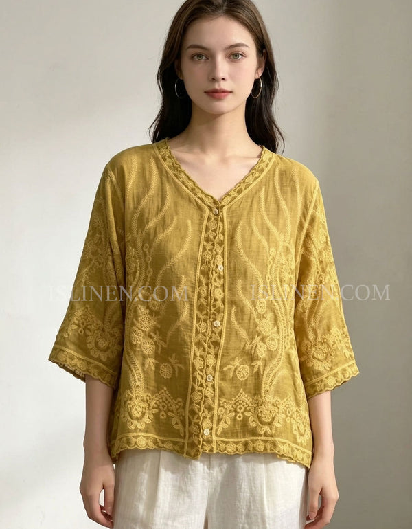 Women’s Mustard Embroidered Linen Blend Blouse