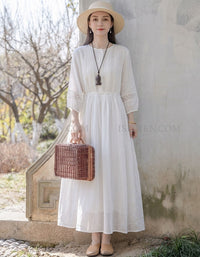 White Boho Linen Midi Dress for Women