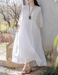 Vintage Flowy Cotton Dress with Lace Trim