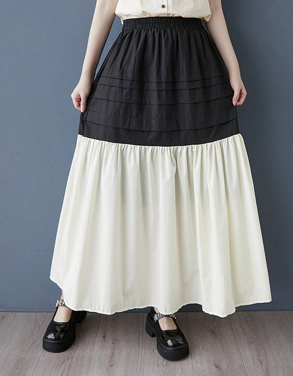 High Waist Two-Tone Cotton Linen Maxi Skirt