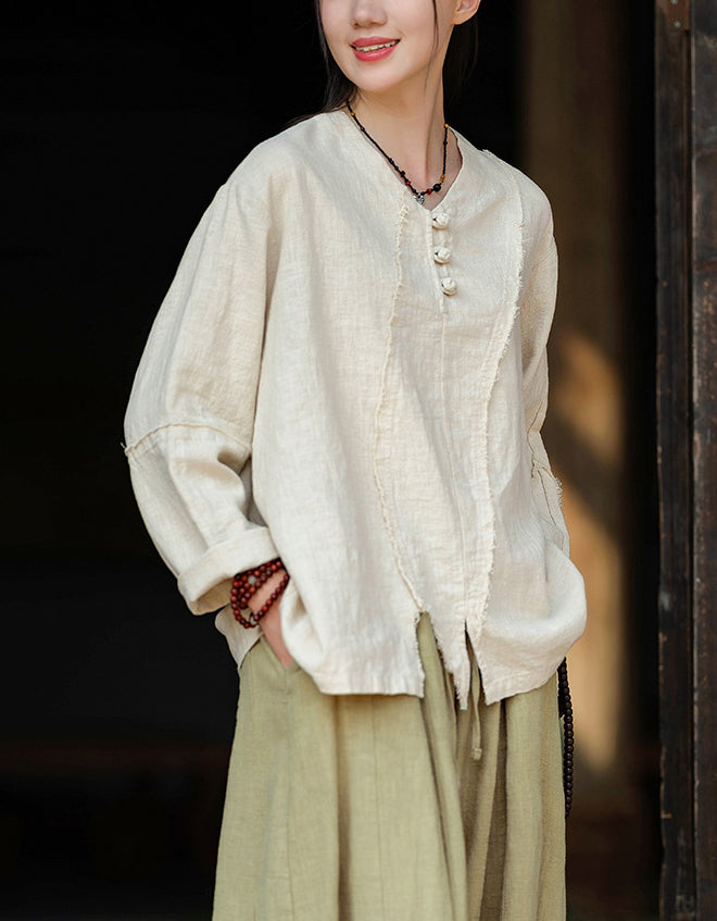 Casual V-Neck Ramie Linen Blouse