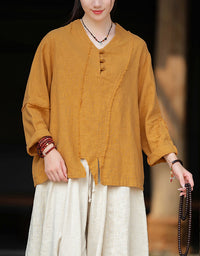 Casual V-Neck Ramie Linen Blouse