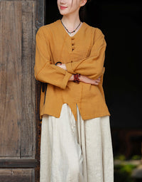 Casual V-Neck Ramie Linen Blouse