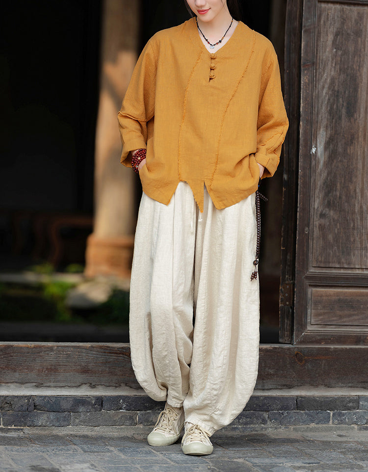 Casual V-Neck Ramie Linen Blouse