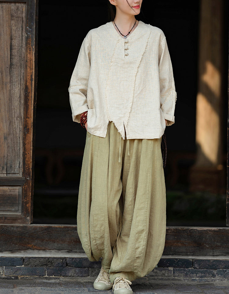 Casual V-Neck Ramie Linen Blouse