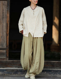 Casual V-Neck Ramie Linen Blouse