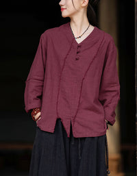 Casual V-Neck Ramie Linen Blouse
