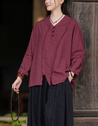 Casual V-Neck Ramie Linen Blouse