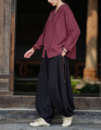 Casual V-Neck Ramie Linen Blouse