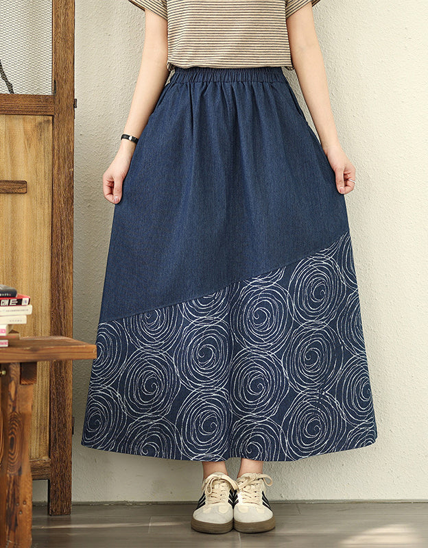 Vintage Abstract Print A-Line Denim Skirt