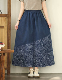 Vintage Abstract Print A-Line Denim Skirt