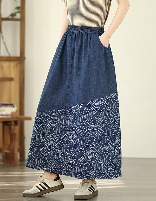 Vintage Abstract Print A-Line Denim Skirt