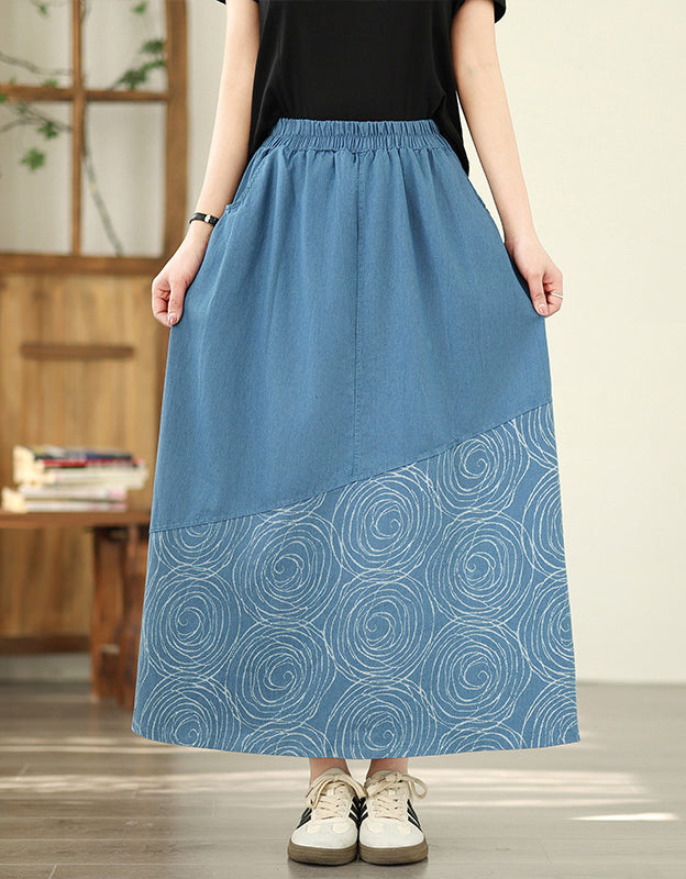 Vintage Abstract Print A-Line Denim Skirt