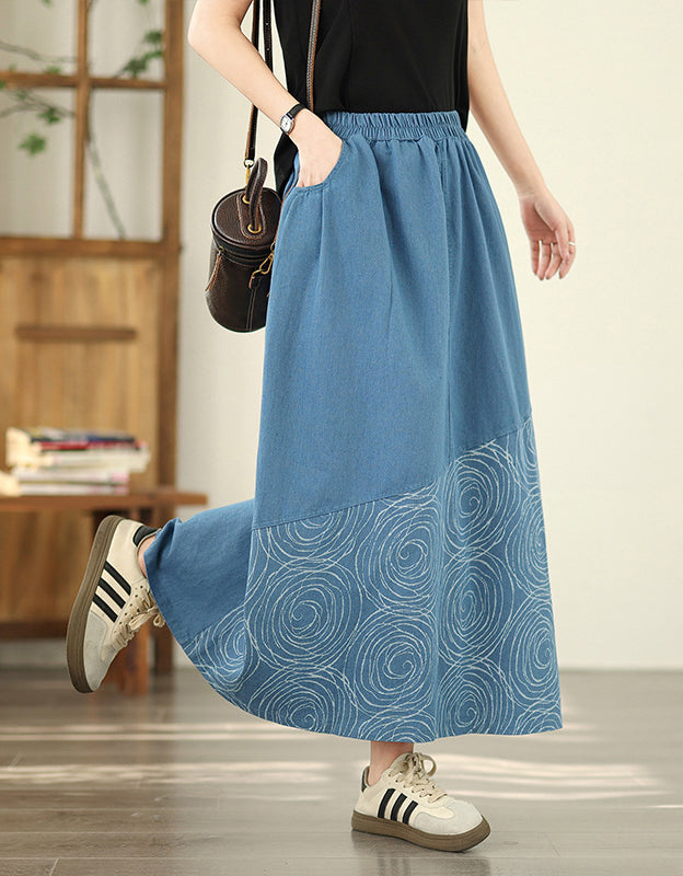 Vintage Abstract Print A-Line Denim Skirt
