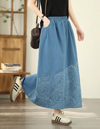 Vintage Abstract Print A-Line Denim Skirt