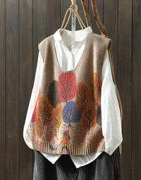 Vintage Autumn Leaf Print V-Neck Knitted Vest
