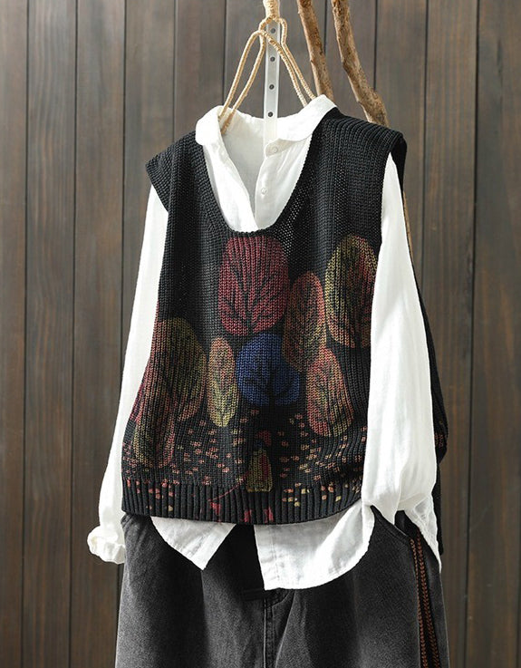 Vintage Autumn Leaf Print V-Neck Knitted Vest