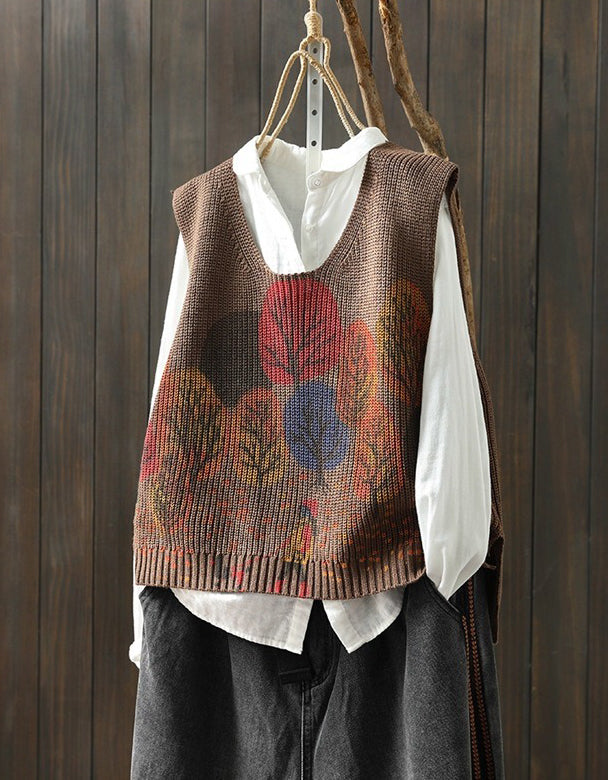 Vintage Autumn Leaf Print V-Neck Knitted Vest