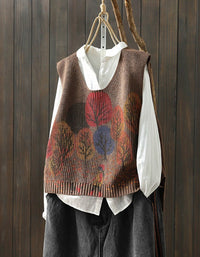 Vintage Autumn Leaf Print V-Neck Knitted Vest