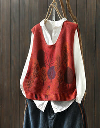 Vintage Autumn Leaf Print V-Neck Knitted Vest