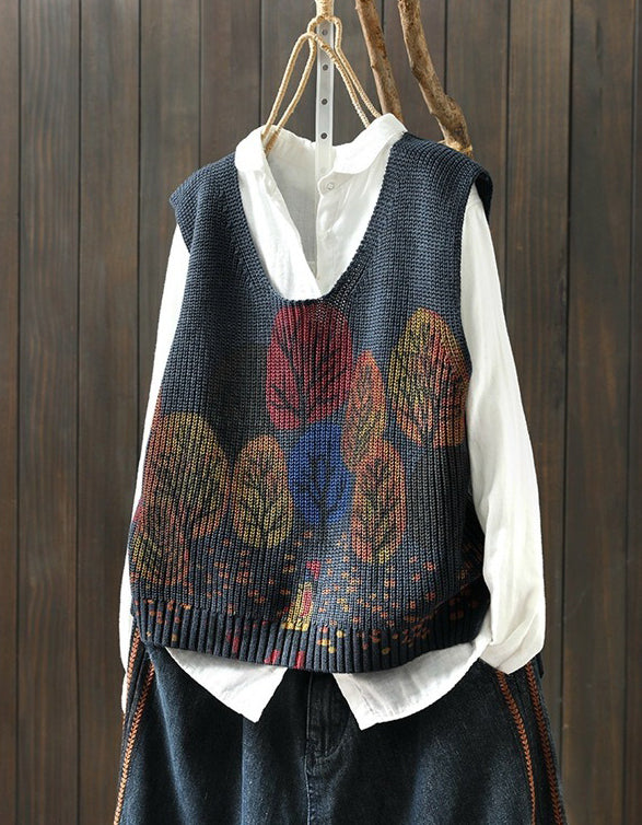 Vintage Autumn Leaf Print V-Neck Knitted Vest