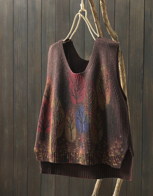 Vintage Autumn Leaf Print V-Neck Knitted Vest