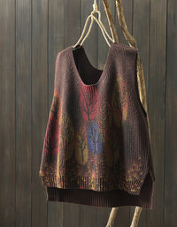 Vintage Autumn Leaf Print V-Neck Knitted Vest