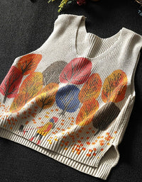 Vintage Autumn Leaf Print V-Neck Knitted Vest