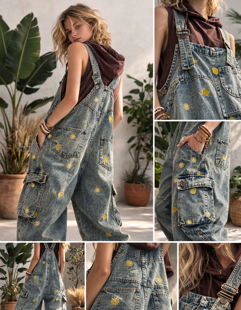 Close‑up of denim overall bib with buttons and small printed motifs on vintage wash fabric.