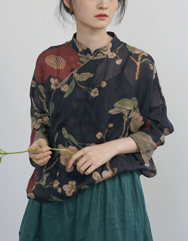 Vintage Black Floral Linen Shirt