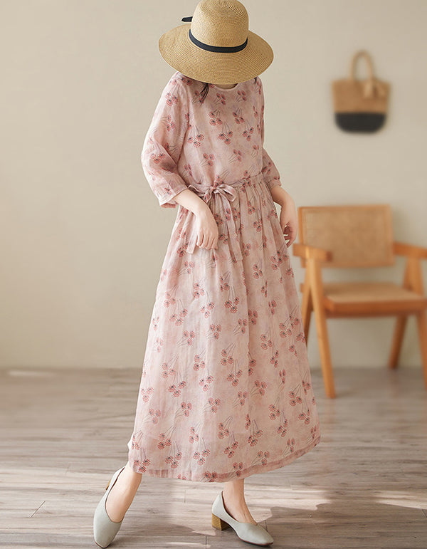 Vintage Boho Chic Loose-Fit Floral Cotton Linen Midi Dress