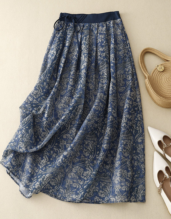 Vintage Boho Floral Cotton Linen Maxi Skirt