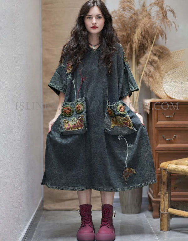 Vintage boho patchwork denim midi dress front view