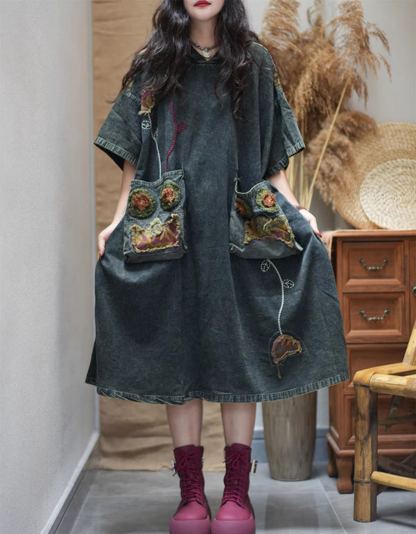 Women’s loose fit bohemian dress with floral pockets