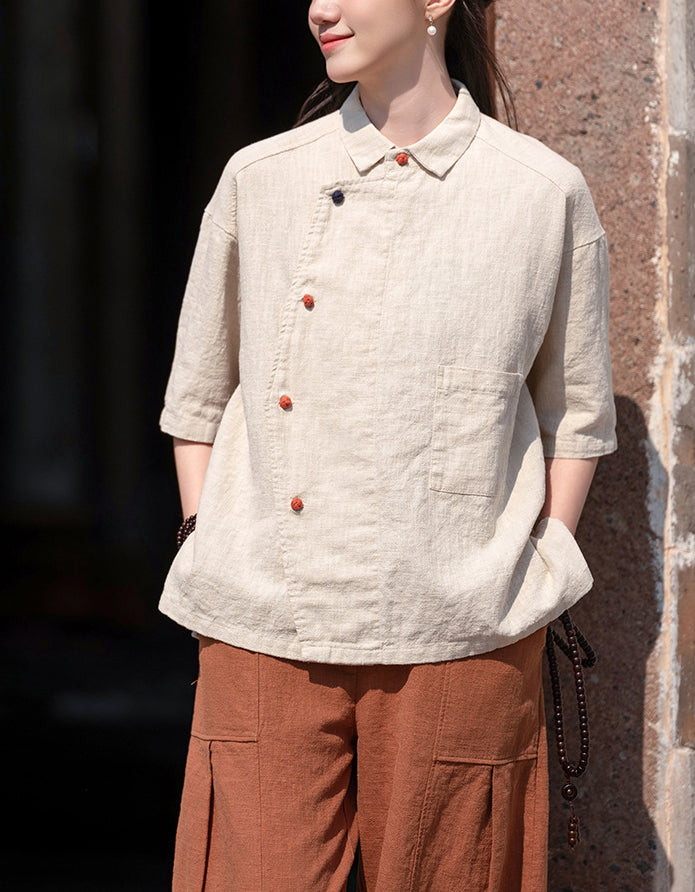 Asymmetrical Button Ramie Linen Hanfu Shirt