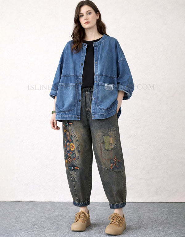 Oversized Denim Jacket for Women Casual Button-Front Full View