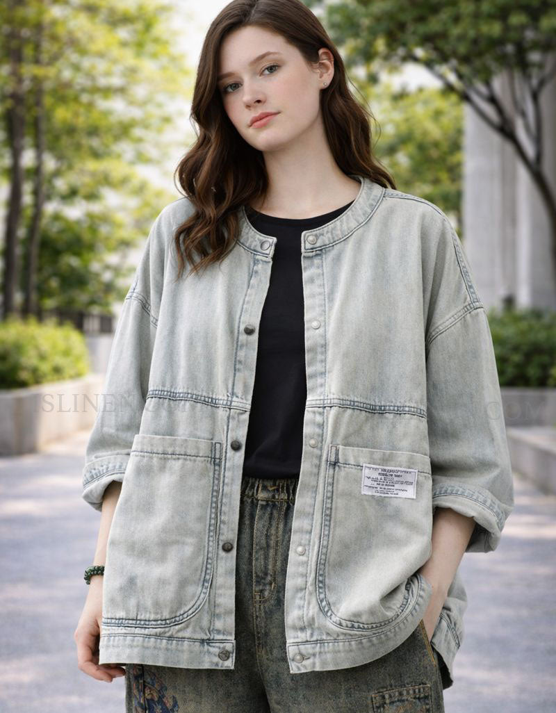 Oversized Denim Jacket for Women Casual Button-Front Light Blue