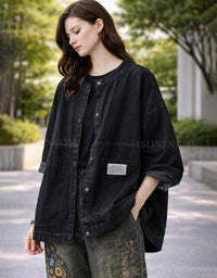 Oversized Denim Jacket for Women Casual Button-Front Black
