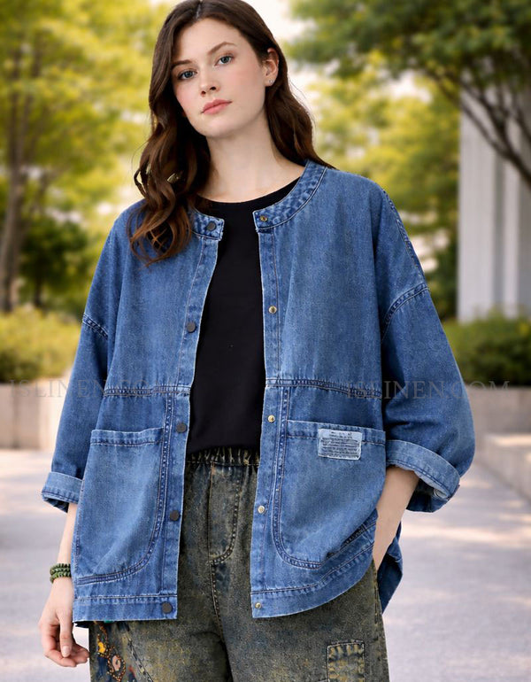 Oversized Denim Jacket for Women Casual Button-Front