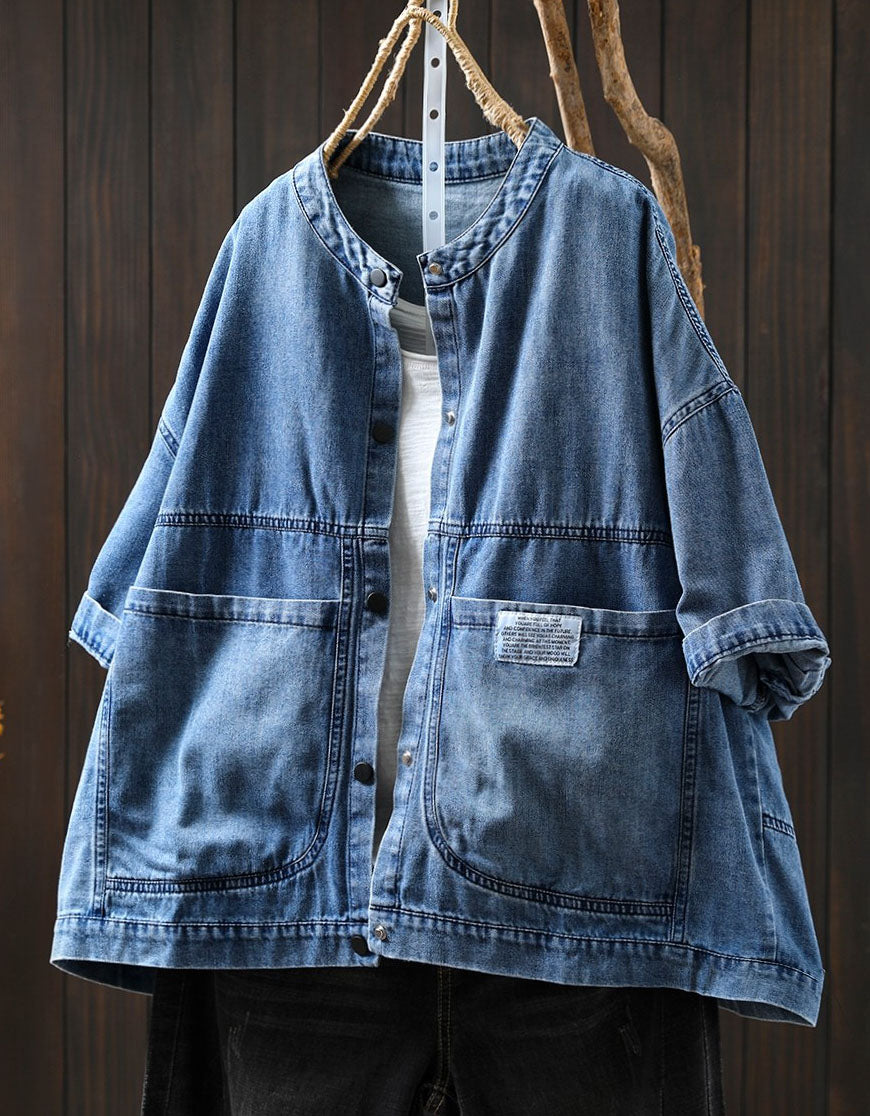 Oversized denim jacket women front view casual style blue