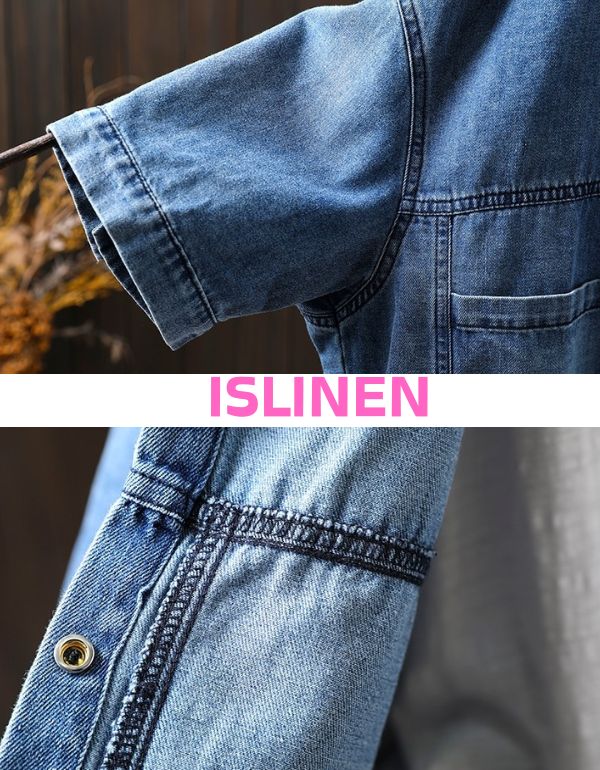 Boho style women’s oversized denim jacket with front buttons close-up