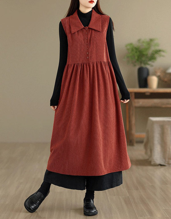 Casual loose-fit rust red cotton midi dress for everyday wear