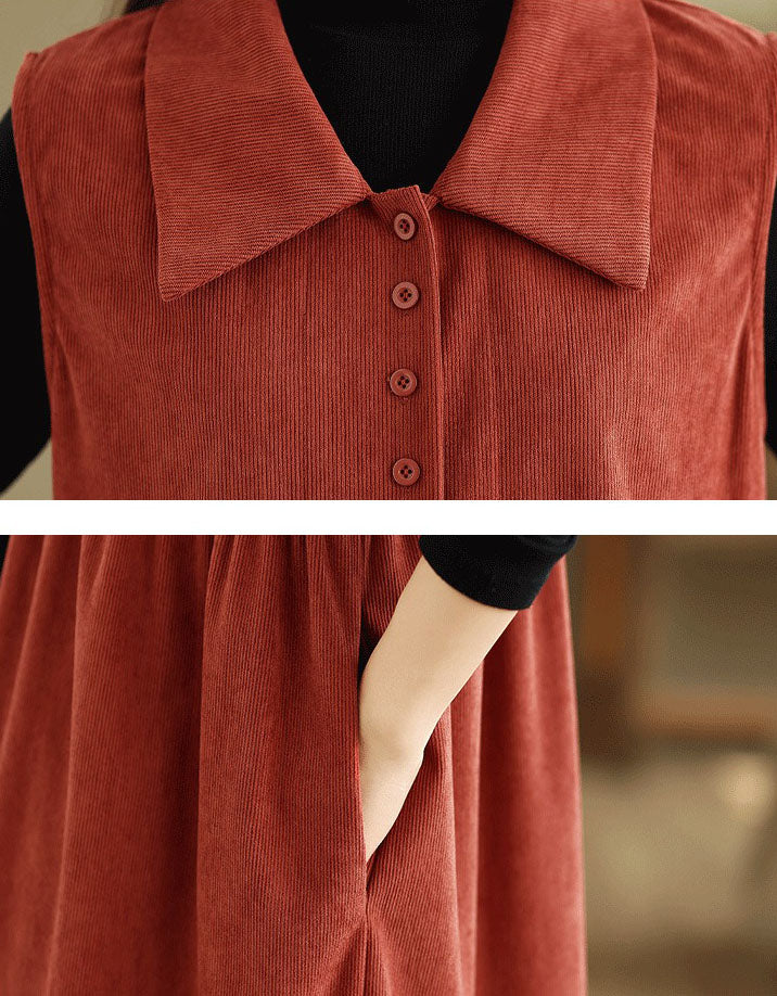 Minimalist rust red sleeveless dress with pockets, close-up