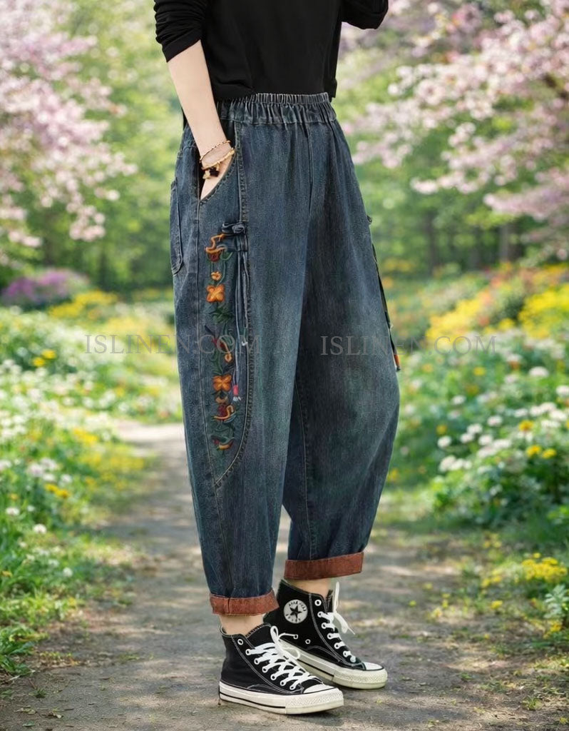 Relaxed fit embroidered denim joggers with elastic waist