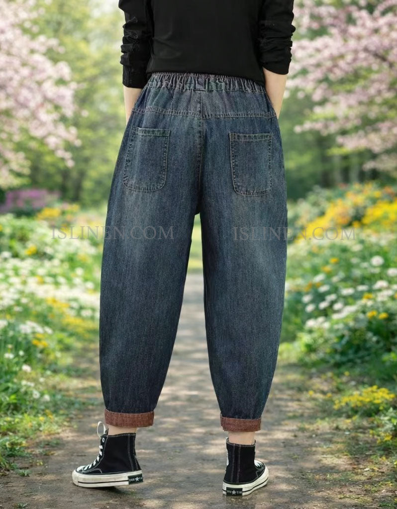 Side View:
Relaxed fit embroidered denim joggers with elastic waist back view