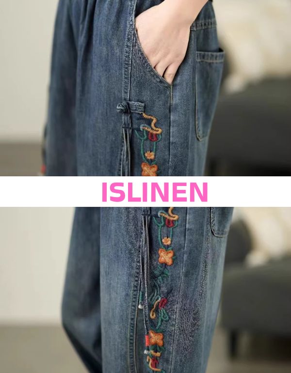 Boho street style women’s embroidered denim joggers outdoors close-up