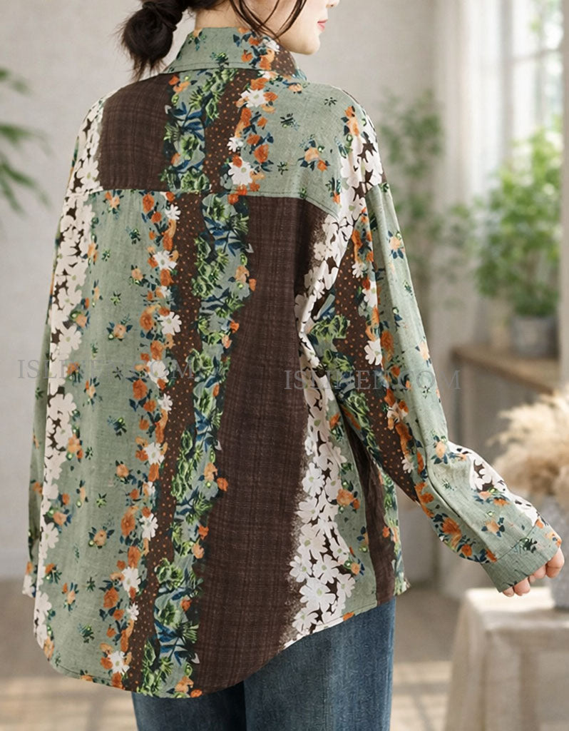 Vintage Casual Floral Long Sleeve Cotton Shirt for Women Back View