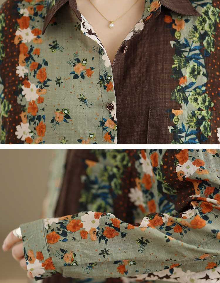Close-up of a floral-patterned shirt with a brown jacket, focusing on fabric texture and design.